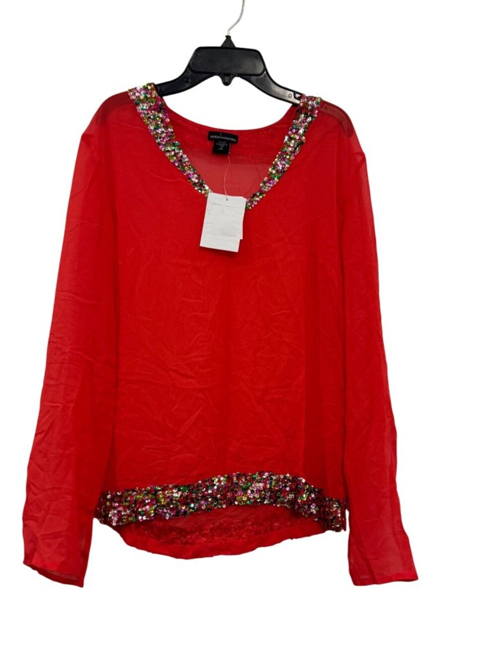 Red Silk Blouse With Sequined Trim By Moda International Size Small